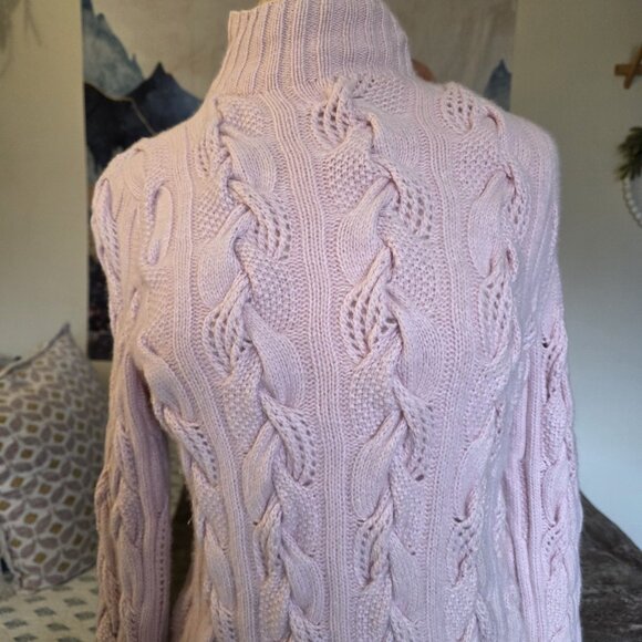 Neiman Marcus 100% Cashmere Sweater Large Pink Cable Knit Mock Neck Pullover - Picture 8 of 16